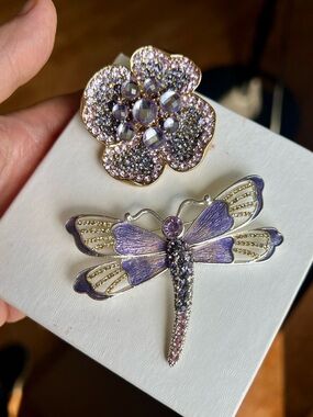 VTG Crystal Rhinestones Napier Purple Flower and Dragonfly Brooch Bundle
